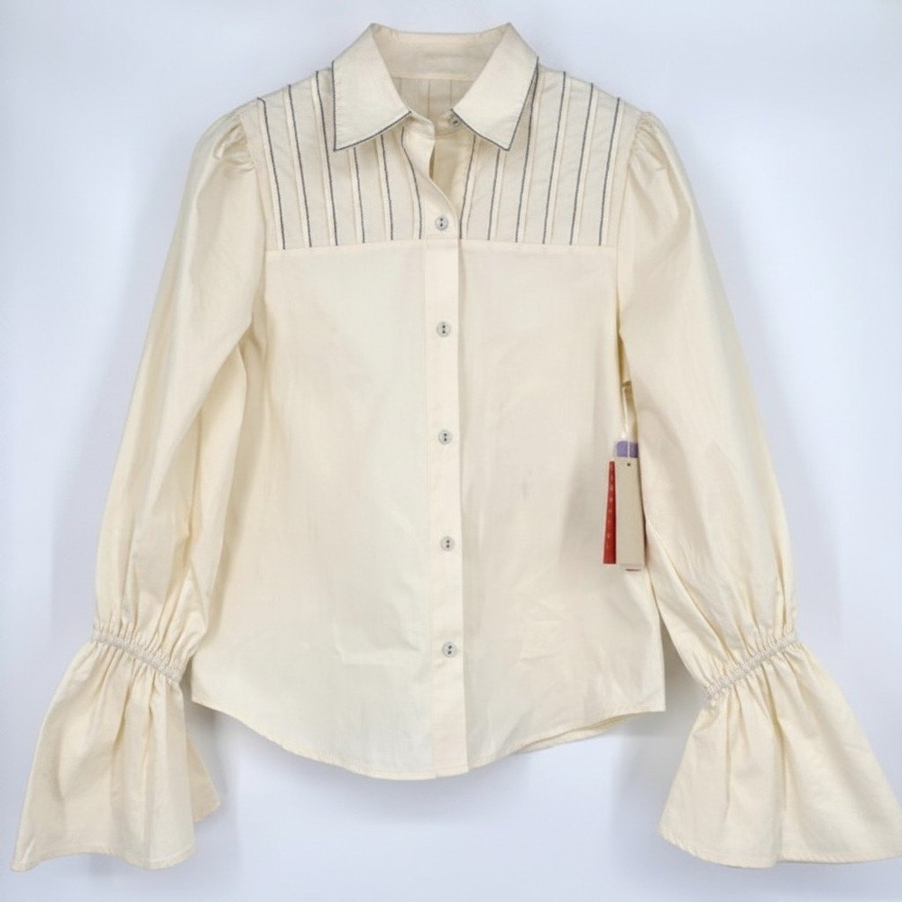Never A Wallflower Walden Button Down Shirt Ivory Pintuck Bell Sleeve XS